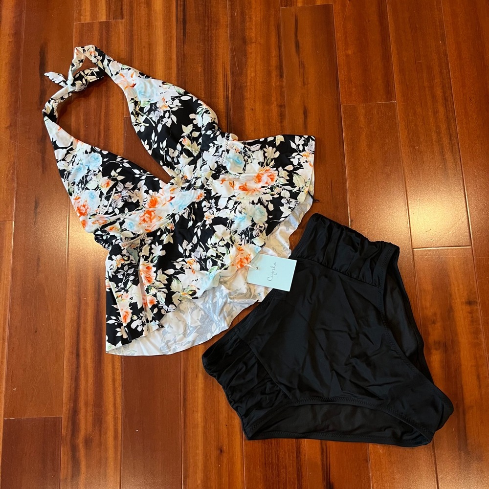 Cupshe Bikini Tankini Swim Set Black Multi Floral Peplum Solid Two Piece New S